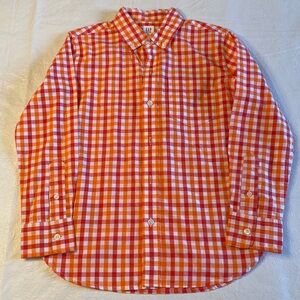 Gap Boys Long Sleeve Button Down Dress Shirt- Orange/Red/White Plaid- Size M